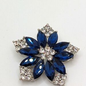 Elegant Blue and Silver rhinestone Floral Brooch